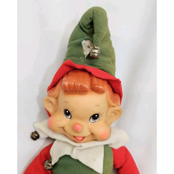 Vintage Rushton Red & Green Christmas Elf Rubber Face 17" Plush Decor - Picture 2 of 12